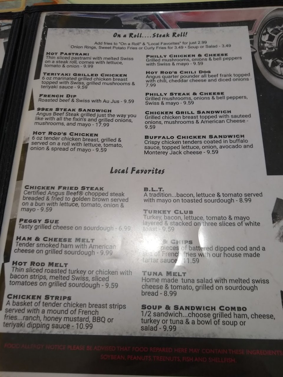 Printed menu with lunch and breakfast items.